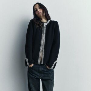 NWT Zara 100% Wool Elegant Black Jacket with Silver Accents